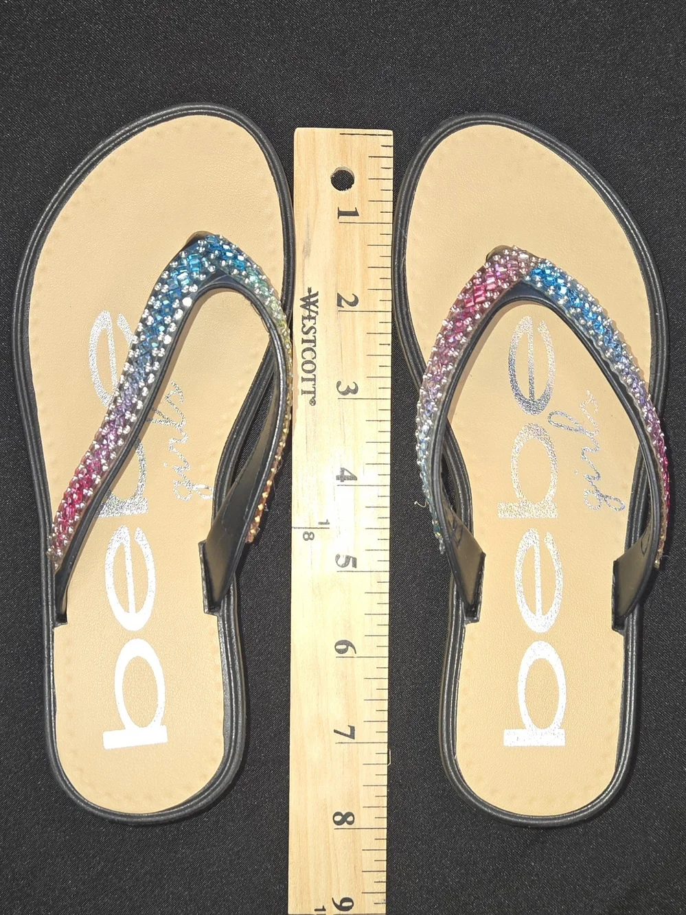 Bebe Girls's Beige Rhinestone Multicolor Women's Flip Flops SIZE CHILD 11 SMALL